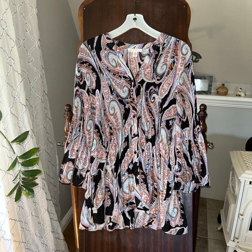 Spense 1X paisley tunic blouse button-front design 2/3 bell sleeves